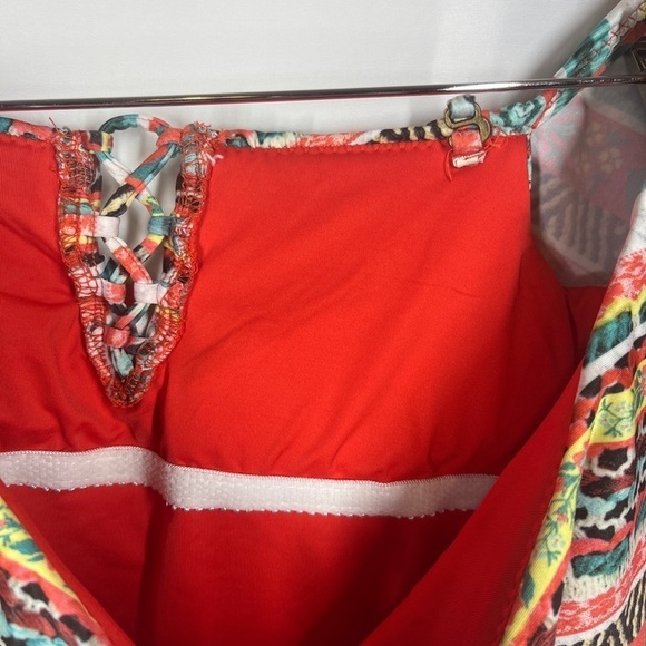 Becca Swimsuit Off Shoulder One Piece Ruffle with Neck Tie Aztec Boho Small - Picture 8 of 11